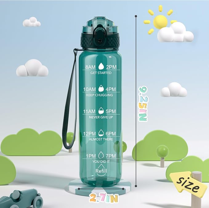 OLDLEY 17oz Kids Water Bottle, Tritan BPA-Free, Leakproof Flip Straw Lid, Motivational Time Marker, Carry Strap, Reusable Clear Water Bottle for Boys & Girls,Trout Green
