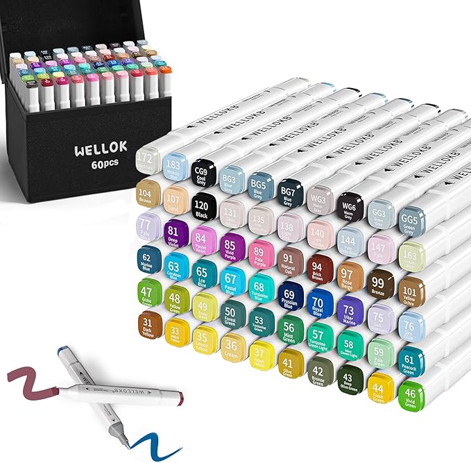 WELLOKB Alcohol Markers, 60 Colors Dual Tip Blender Art Markers for Coloring, Illustrations, and Sketching, Alcohol Based Set with Carrying Case