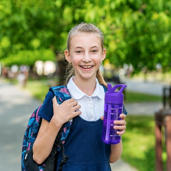 14oz Clear Kids Water Bottle with Straw Lid, BPA-Free Tritan, Measurement Scale, Sturdy Handle Wide Mouth Leak-proof Reusable Plastic Bottle for Boy& Girls, Back to School(Dark Purple)