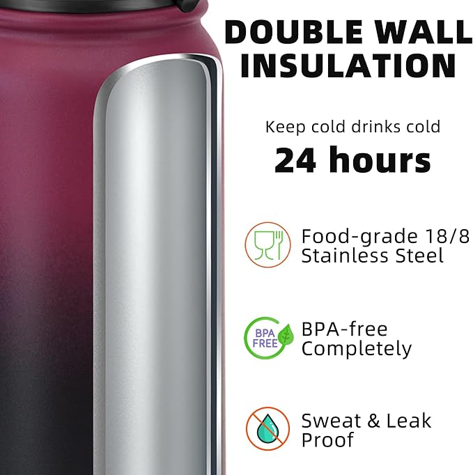 Fanhaw 24 oz Insulated Stainless Steel Water Bottle with Anti-Dust Chug Lid, Leakproof Vacuum Metal Everyday Use Bottle for Kids, Teens & Adults, Back to School Essentials (Red Black)