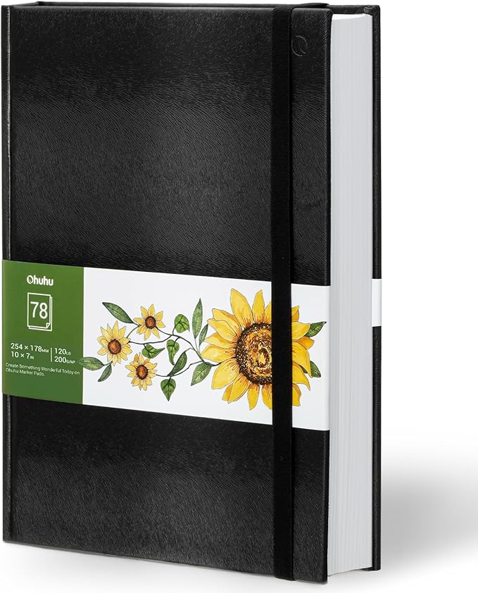 Ohuhu Marker Pads Art Sketchbook, 7"x10" Large Paper Size, 120 lb/200 GSM Drawing Papers, 78 Sheets/156 Pages, Hardcover Sketch Book for Alcohol Markers Christmas Gift