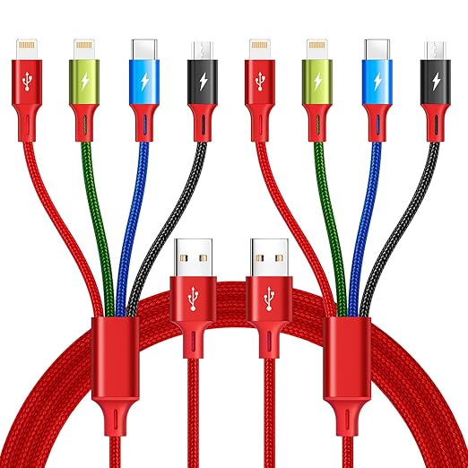 Multi USB Charging Cable 4A, 4-in-1 Braided Charging Cord, Multi Charger Cord, Multiple USB Cable with IP/USB C/Micro Ports Adapter for Cell Phones/iPhone/Tablets/Samsung/Pixel/PS More (2Pack/4Ft)