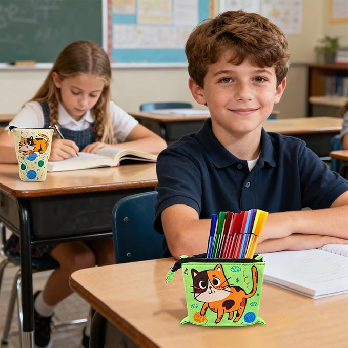 4 Pack Standing Pencil Case, Cute Cat Telescopic Pencil Storage Pouch Stationery Case, Portable Stand Up Makeup Bag Pencil Canvas Holder for Office Supplies, Cosmetics, Christmas Gift