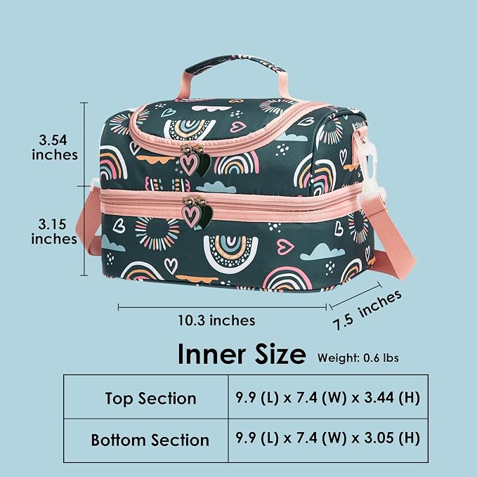 Insulated Kids Dual Compartment Lunch Bags Tote Pack for Girls Boys Toddler Kindergarten School Picnic Cooler Thermal Lunch Boxes with Strap (Green Rainbow)
