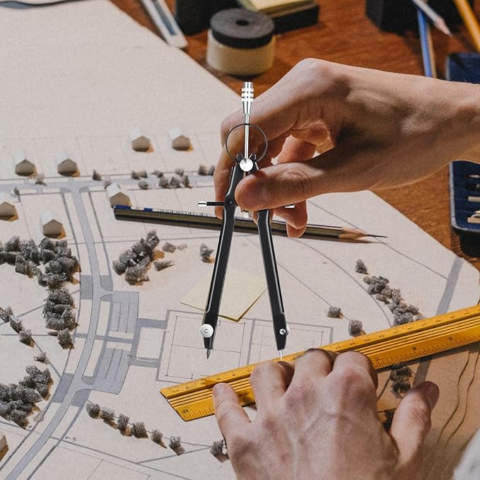 EBOOT Student Geometry Math Set, Metal Drawing Compass and 6 Inch Clear Swing Arm Protractors 180 Degree Math Protractor(Black)