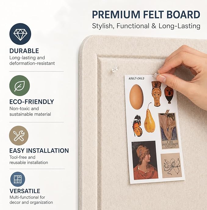Felt Bulletin Board for Wall 48" x 36" Unfolded Size, Large Frameless Felt Pin Board, Soft Cork Board Alternative for Office, Home Planning, Notes, Photos & Wall Decor, Foldable Shipping, Easy Install