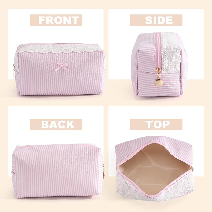 Makeup Bag Travel Toiletry Bag for Women, Small Cosmetic Bags with Lace Trim Cute Pink Stripe Aesthetic Organizer Makeup Pouch for Purse Emergency Bag Pencil Case Accessory Bag