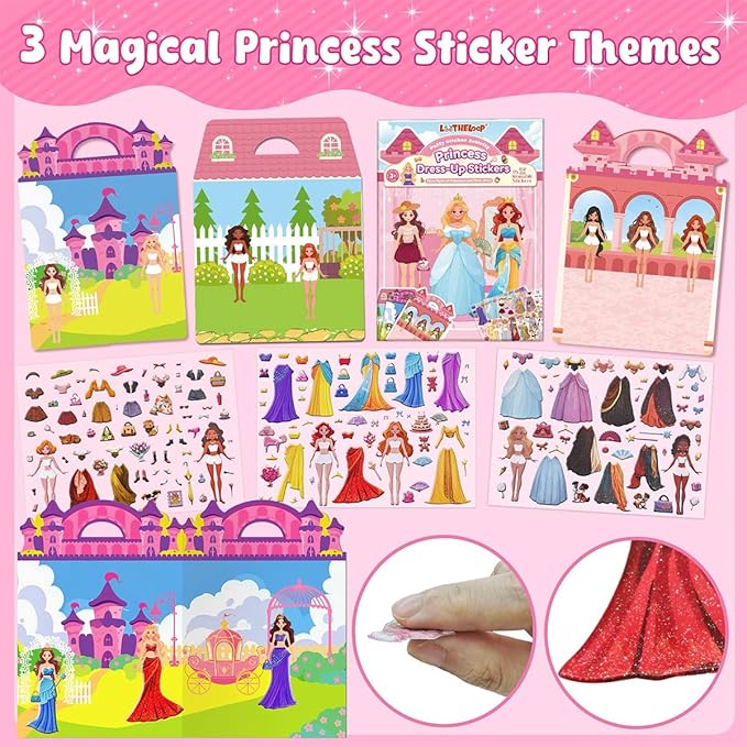 3D Reusable Puffy Sticker Activity Books, 190+ Fun Craft Princess Stickers for Kids, Car Travel Activities Essential, Screen-Free, Christmas Birthday Gifts for 3+ Year Old Girls