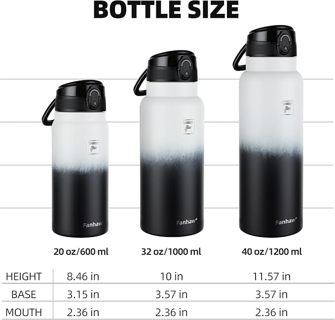 Fanhaw 32 Oz Insulated Stainless Steel Water Bottle with Chug Lid – Wide Mouth, Leak-Proof, BPA-Free – Ideal for Kids, Adults, Sports, Gym, and Outdoor Use (White Black)