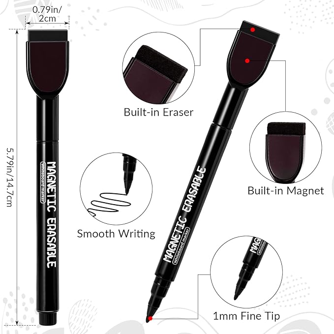 12 Pcs Dry Erase Markers, Black Magnetic Erasable Whiteboard Markers, 1 mm Fine Tip Dry Erase Marker with Eraser, Low Odor Thin Markers for Glass Whiteboards Mirrors Calendar Office