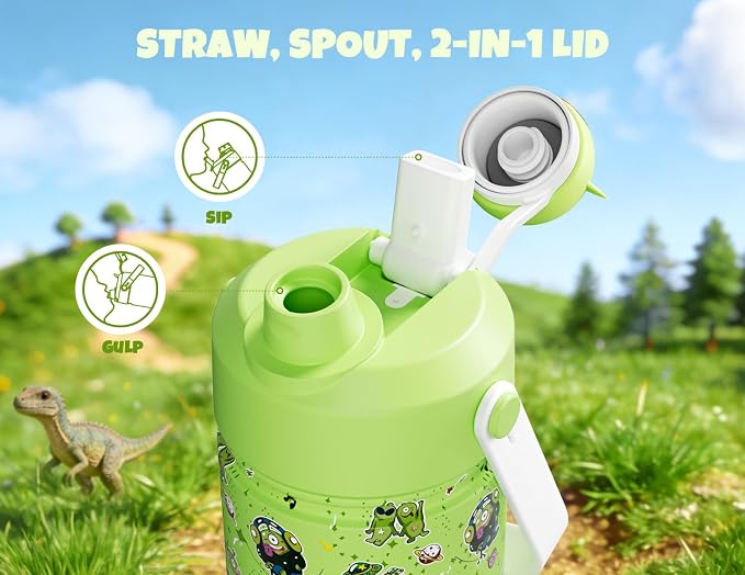 POWCAN 12 oz Insulated Water Bottle for School: 2-in-1 Straw Spout Lid with Soft Animal Head, BPA-Free, Leakproof, Keep Cold 24H, Easy Carry, Stainless Steel Cup for Boys, Girls, Kids (Alien Party)