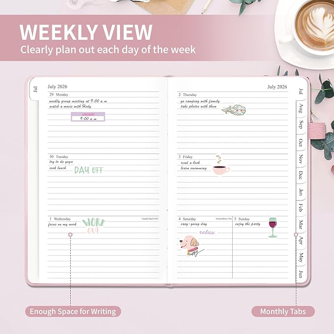 Planner 2026-2027, Weekly and Monthly Planner with Tabs from Jul 2026 - Jun 2027, A5 Hardcover Academic Calendar with Date for School & Office Schedule, 5.8" x 8.3", Pink