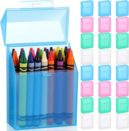 Clabby 24 Pcs Plastic Clear Crayon Box Bulk Holds 24 Crayon With Hinged Lid and Snap Closure for Pens School Office Supply Organization (Pink,Blue,Green,Clear)