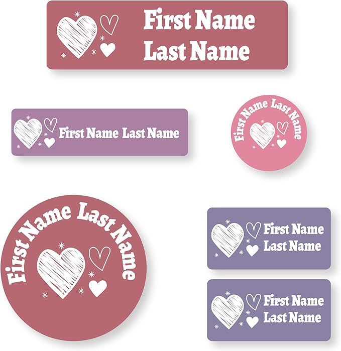 Personalized Kids Name Labels – Waterproof Custom Stickers for Daycare & School, Dishwasher & Laundry Safe (Heart-9)