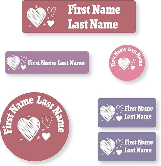 Personalized Kids Name Labels – Waterproof Custom Stickers for Daycare & School, Dishwasher & Laundry Safe (Heart-9)