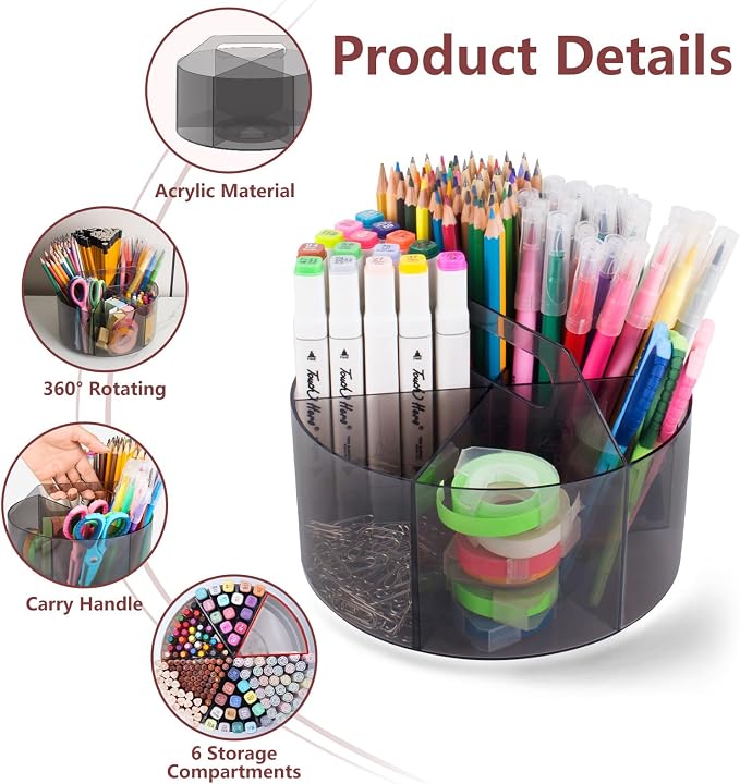 Absonic 250pcs Acrylic Pencil Holder Marker Organizer, 360-Degree Rotating Pen Holder, Crayon Organizers for Kids Pencil Organizer Caddy Art Supply Kids Desk Organizers for Office Home School, Black