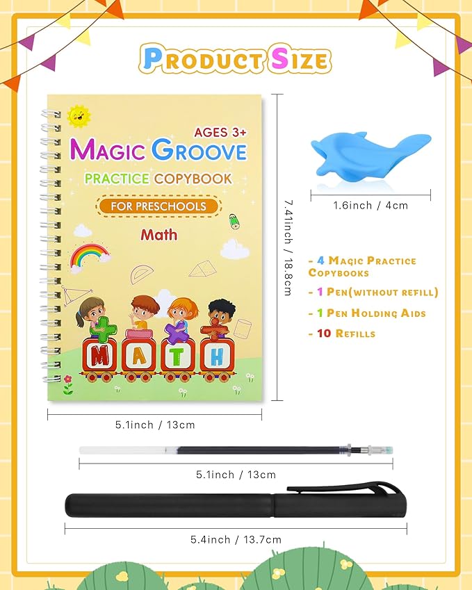 Magic Practice Copybook, Reusable Writing Practice Book, Handwriting Aid for Preschool Kids Age 3-8 (4 Books with Pens)