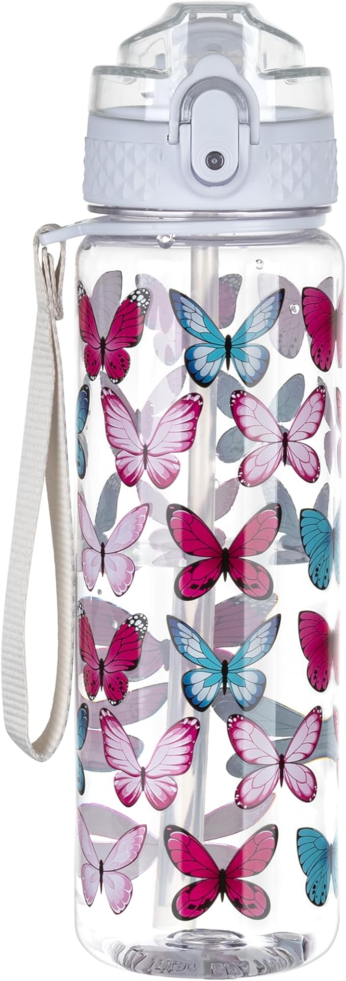 OLDLEY 17oz Kids Water Bottle, Tritan BPA-Free, Leakproof Flip Straw Lid, Motivational Time Marker, Carry Strap, Reusable Clear Water Bottle for Boys & Girls,Clear Butterflies