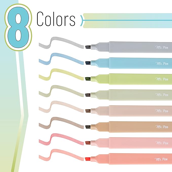 Mr. Pen- Aesthetic Highlighters No Bleed, 8 Pack, Vintage Colors, Chisel Tip, Cute Highlighters Assorted Colors for Journaling, Highlighting, Underlining, Fast Dry, Back to School Supplies