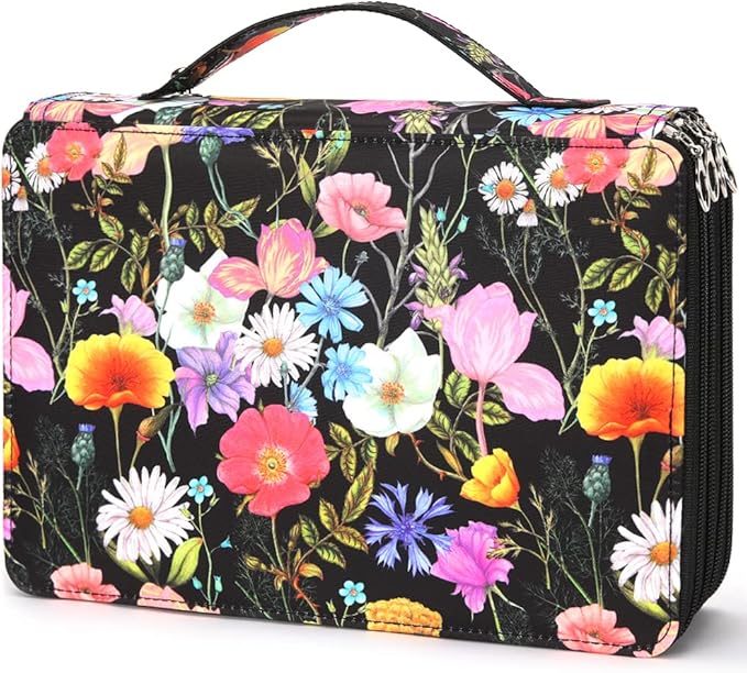 Vomgomfom 200 Slots Pencil Bag, 4-Layer Zipper Portable Art Supply Organizer, PU Leather Large Capacity Colored Pencil Case with Handle for 200 Watercolor Pens, Gel Pens (Black Flower)