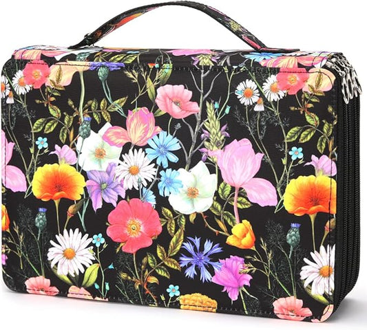 Vomgomfom 200 Slots Pencil Bag, 4-Layer Zipper Portable Art Supply Organizer, PU Leather Large Capacity Colored Pencil Case with Handle for 200 Watercolor Pens, Gel Pens (Black Flower)