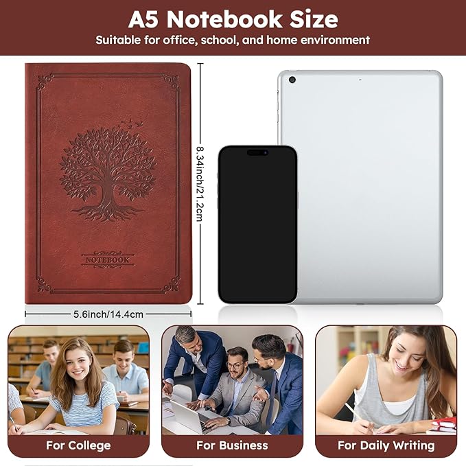 Lined Journal Notebook for Women Men, 320 Pages A5 Journaling Notebook College Ruled with 100GSM Thick Paper, Hardcover Leather Notebook for Work Writing Note Taking Diary, School, 5.7'' X 8.4''