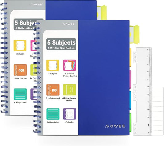 5 Subject Notebook, 2 Pack College Ruled Notebook with Storage Divider Pockets, Index Tabs, 11" Ruler, 200 Pages, for Writing Journal, School, Business, Office Supplies, A4, (2pcs Blue)