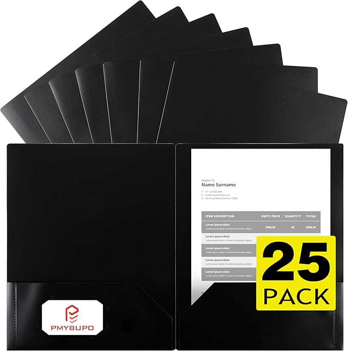 pmybupo 25 Pack Black 2 Pocket Folders,Heavy Duty Plastic Folders for Letter Size Paper,Heavy Duty Poly,Long Lasting,Includes Labels.