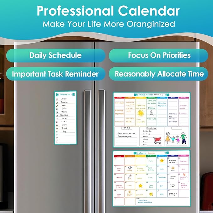 MaxGear Magnetic Fridge Calendar Whiteboard, 16"x12" Monthly and Weekly Dry Erase Board for Refrigerator, Smooth Writing and Effortless Cleaning Planner Board with 7 Markers,1 Eraser,1 Shopping List