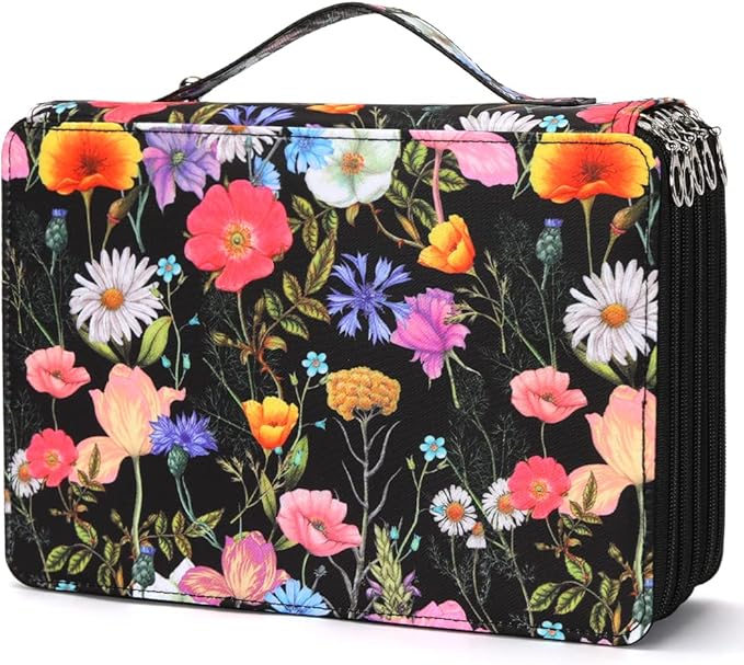 Vomgomfom 252 Slots Pencil Bag, 5-Layer Zipper Art Supply Organizer, PU Leather Portable Colored Pencil Case with Handle for 252 Watercolor Pens, Gel Pens (Black Flower)