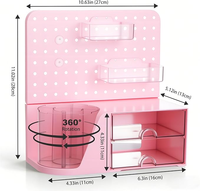 Comix Desk Organizer with Drawer, 360° Rotating Pen Holder for Desk, Pen Organizer with 5 Slots Pencil Holder+Pegboard+2 Drawer for Office Home Art Supplies (Pink)