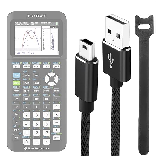 Mini USB Charger Cable for Texas Instruments TI-84 Plus CE/TI-84 Plus C Silver Edition/TI-89/TI-Nspire CX & CX CAS Graphing Calculators, Nylon-Braided 3FT Charging & Data Cord with Cable Tie
