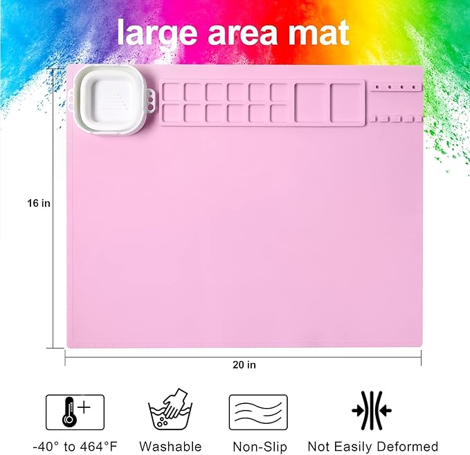 AWOKE Silicone Painting Mat | 20"x16" No-Spill Art Matt for Resin DIY, Beading, with Magnetic Water Cup, 12 Paint Wells & Palettes | Washable Table Protector for Toddlers & Kids Gift (Pink)