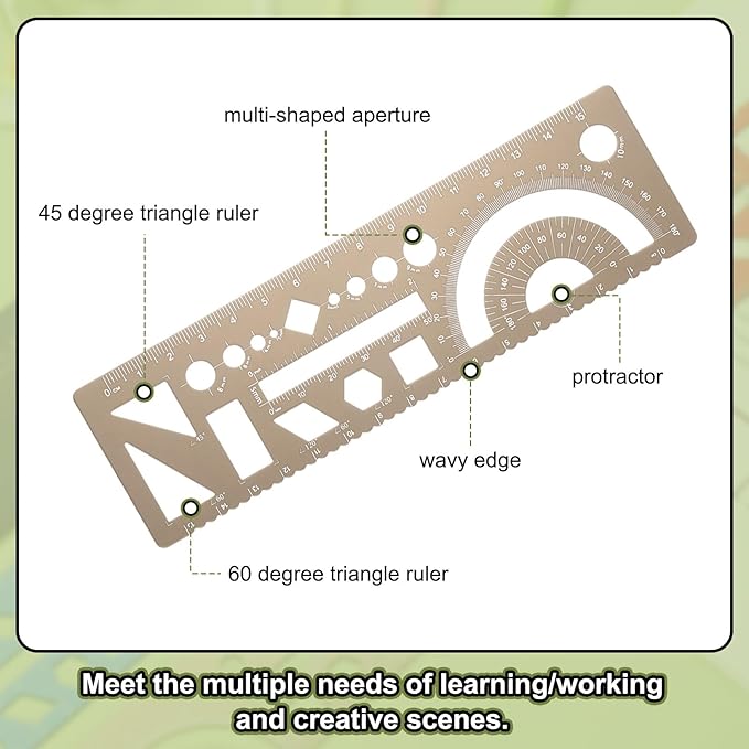 HARFINGTON 2pcs Multifunctional Geometric Rulers 15cm Metric and SAE Aluminum Straight Edge Protractor Angle Math Measuring Ruler Geometric Drawings Templates for Drawing Drafting, Gold