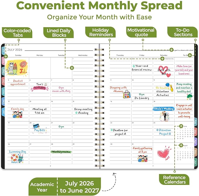 Vinspire 2026 Planner - Yearly, Monthly, and Weekly Planner 2026-2027 for Teachers & Students - Spiral US Academic Year Student Calendar Planners with Notes Pages 2026 Planner Weekly and Monthly - Small (Black, 6.3“×8.4”)