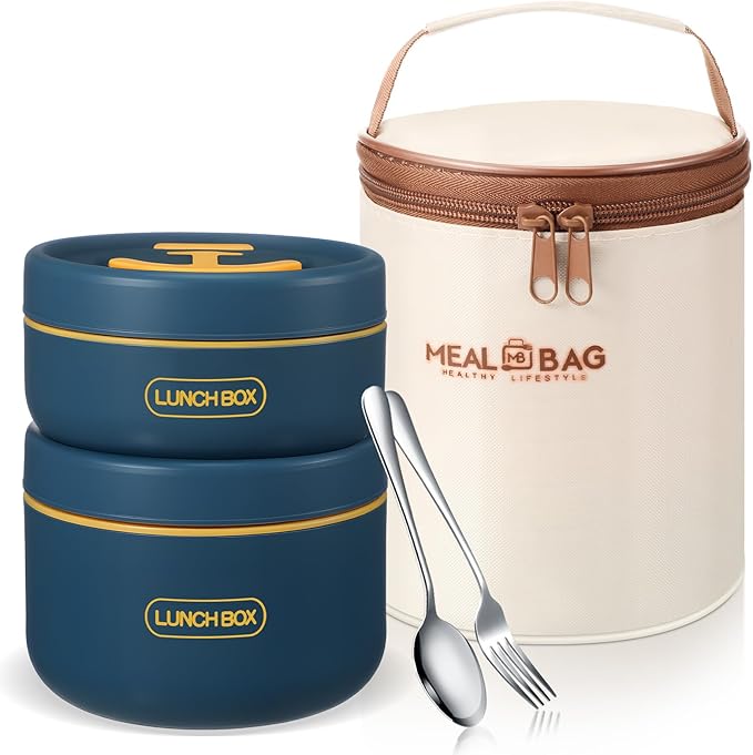 Dandat 2 Pcs Portable Insulated Lunch Containers Thermal Bento Box with Bag Fork Knife Microwavable Stainless Steel Lunch Box 15.2 oz 21 oz Separate Stackable Food Jar for Adult Men Women(Navy Blue)