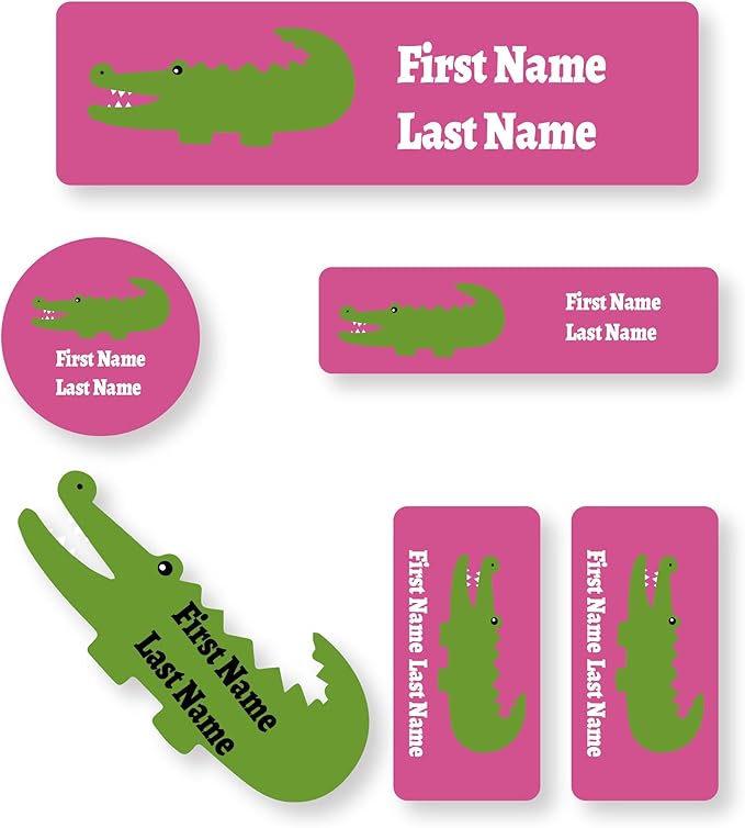 Personalized Kids Name Labels – Waterproof Custom Stickers for Daycare & School, Dishwasher & Laundry Safe (Crocodile - Pink)