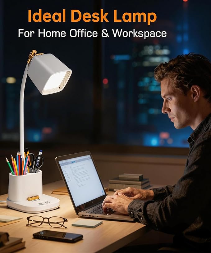 LED Desk Lamps for Home Office with Charger Desk Light Table Lamp W/ Organizer for Bedroom/Study/Reading/Work/Task, Gooseneck Small Desk Lamp for Craft/Artist/Puzzle/Drawing,Eye-Caring LED Office Lamp