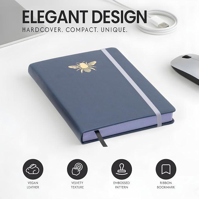 EVERLINEA 5.6” x 8.3” Embossed Bee A5 Hardcover Notebook, 240 Dotted Pages, Navy Blue