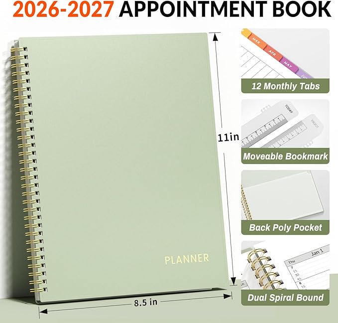 SUNEE 2026-2027 Appointment Book, Quarter-Hourly, Weekly & Monthly - from July 2026 to June 2027, 8.5"x11" Academic Planner, Flexible Cover, Note Pages, Bookmark, Spiral Binding, Sage Green