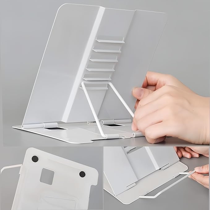 Azheeujy Metal Book Stand Folding Reading Book Holder with 6 Adjustable Angles and Paper Page Clip,Sturdy Desktop Book Holder for Cookbook,Magazine,Textbooks,Document,Music Book,Laptop,Tablet (White)