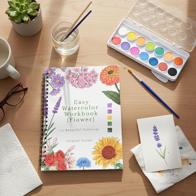Watercolor Workbook,15 Flower Patterns of Original DIY Designs,16 Colors Watercolor Paint Set with Brush Palette,Beginner-Friendly Water Color Workbooks,Water Coloring Book for Adults