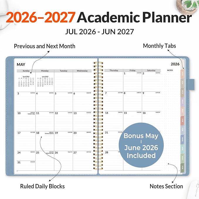 SUNEE 2026-2027 Weekly & Monthly Planner 9"x11.2" - 12 Month (July 2026 - June 2027), Vegan Leather Cover Planner Academic Year Calendar, Pocket, Notes, Monthly Tab, Blue