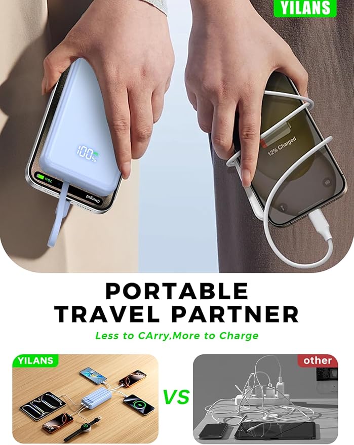 Portable Charger,50000mAh Power Bank Built-in Cable, 22.5W PD USB C In & Out Fast Charging, External Battery Pack with 6 Output & 2 Input, Travel Camping Essential for iPhone 17/16/15/14/13/12(Blue)
