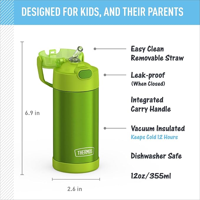 THERMOS FUNTAINER Water Bottle with Straw - 12 Ounce - Kids Stainless Steel Vacuum Insulated Water Bottle with Lid, Lime