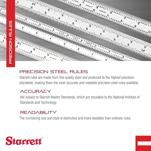 Starrett Spring Tempered Steel Rule with Satin Chrome Finish, Quick Reading and Inch Graduation - 6" Length, 6R Graduation Type, 3/64" Thickness - C606R-6