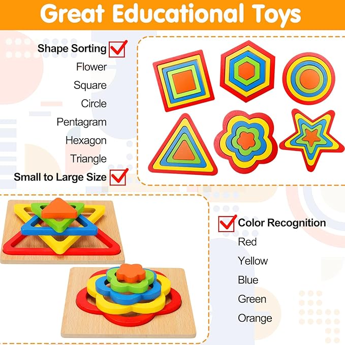AugToy Toddler Puzzles Montessori Toy Wooden Shape Sorting Puzzle Sensory Toy Toddler Activities Preschool Learning Educational Autistic Developmental 1 2 3 Year Old Girl Boy 1-3 Dementia Game Gift