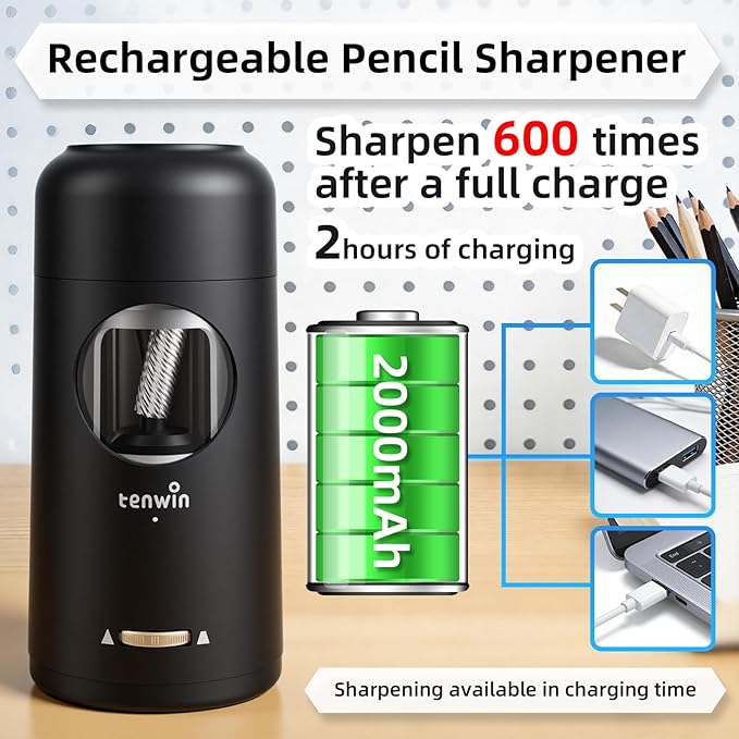 tenwin Rechargeable Electric Pencil Sharpener, Fully Automatic Pencil Sharpener for 7-11.5mm Pencils, Hands-Free Sharpener for Colored Pencils, Auto in&Out, Adjustable Pencil Nibs, Black