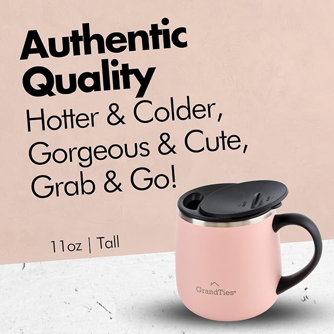 GRANDTIES 11oz Insulated Coffee Mug with Sliding Lid, Wine-Glass Shape Thermal Tumbler with Double Walled Vacuum Stainless Steel to Keeps Beverages Hot or Cold (Peach Crème)