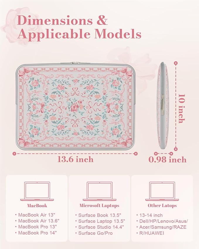 iCasso Laptop Sleeve 13 inch for MacBook Air 13-13.6 inch,Cute Laptop case for MacBook Neo/Pro 13 inch, Slim Protective Travel Carrying Case Sleeve for 14 inch Chromebook, HP, Retro Bow Pink
